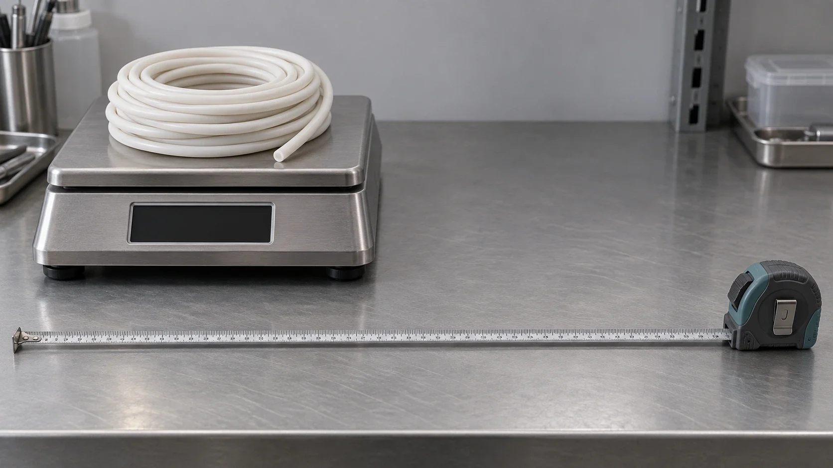 Illustrative silicone coil on a scale with a long measuring tape ending at its housing on the right