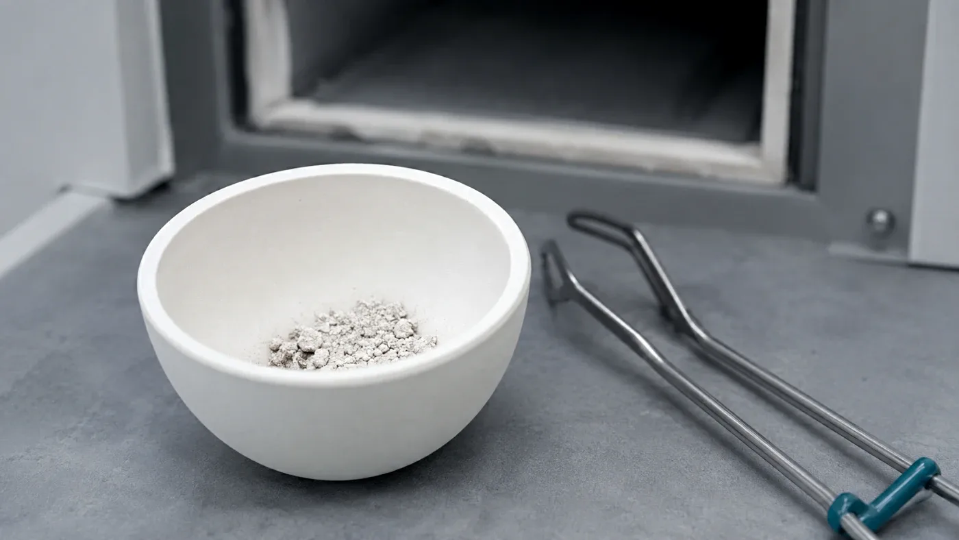 Ash residue in a ceramic crucible beside crucible tongs at the mouth of a muffle furnace