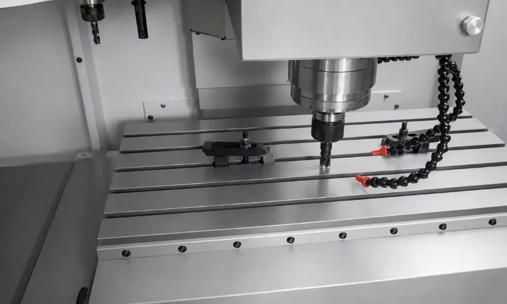 CNC vertical machining centre cutting a steel mould under flood coolant in the Silton Rubber toolroom