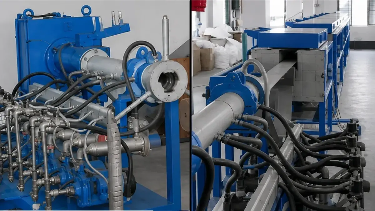 Extruder die head and the continuous vulcanizing curing line it feeds at Silton Rubber