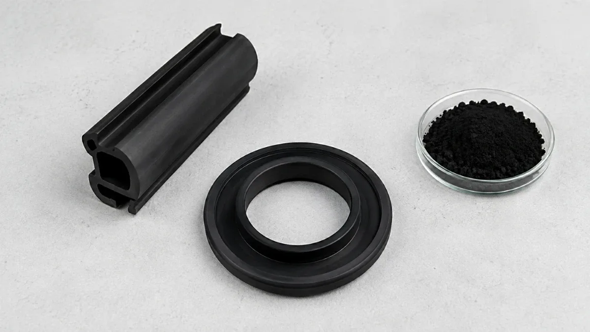 Black EPDM extruded profile and nitrile moulded gasket beside a dish of carbon black powder