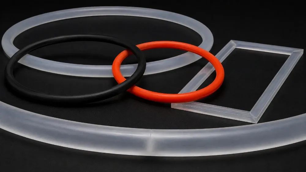 Joined silicone gaskets vulcanised into endless loops, with a mitred-corner clear silicone frame gasket and a close view of a fused joint