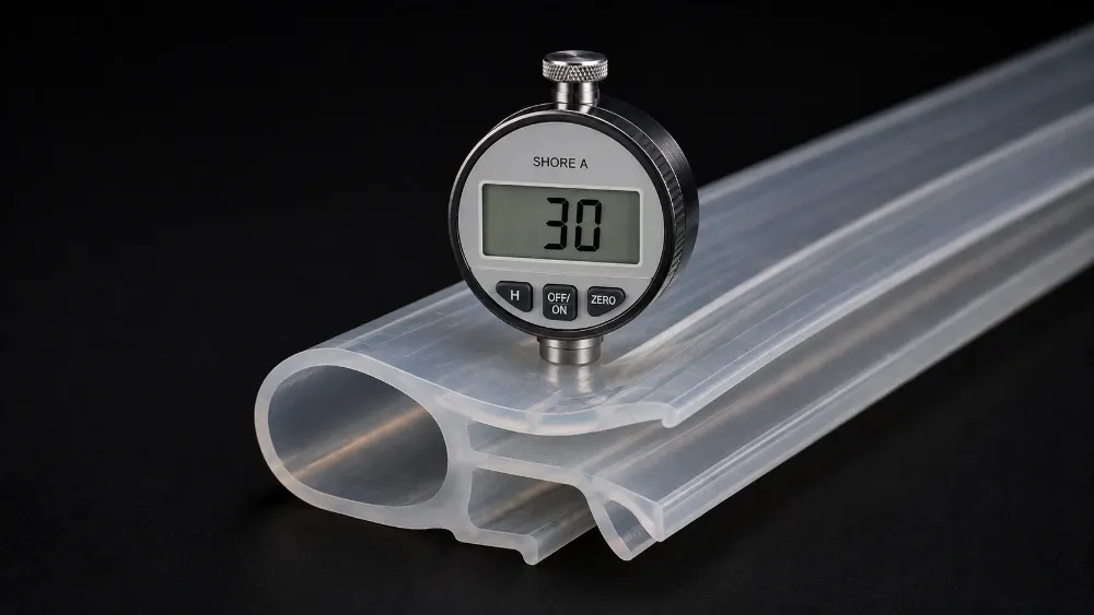 A soft translucent silicone sealing profile with a Shore A durometer reading 30 resting on it