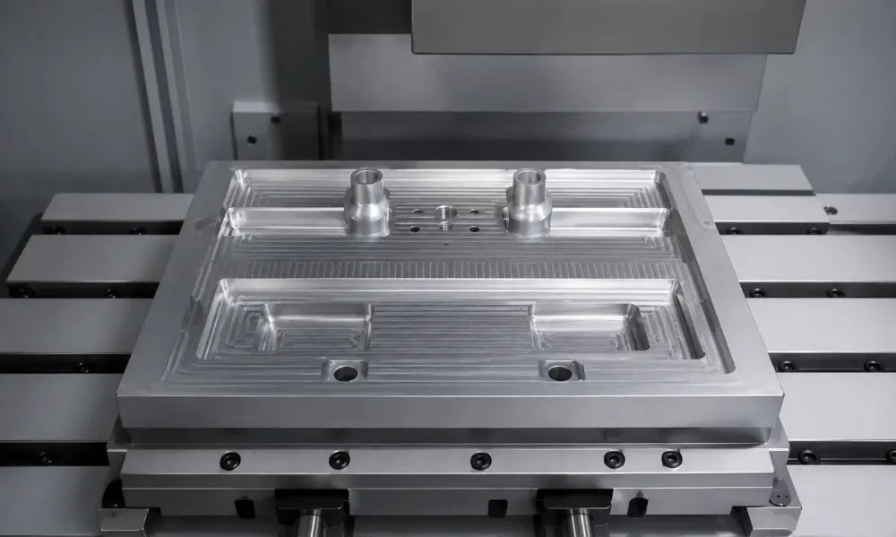 Freshly machined multi-cavity steel moulding die on the CNC bed at Silton Rubber