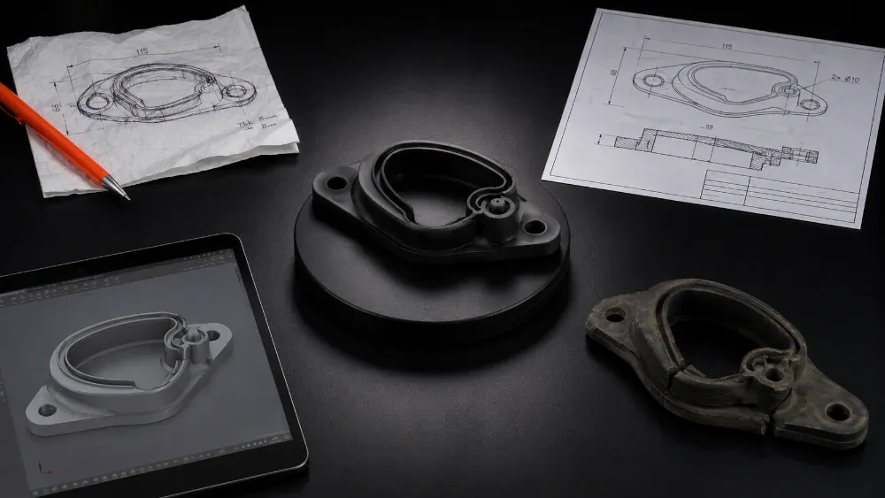 A bespoke rubber seal beside the sketch, drawing, CAD model and original sample it was developed from