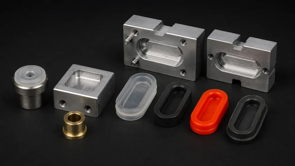 Prototyping and machining: soft-tooled rubber first articles alongside CNC machined metal inserts and test fixtures