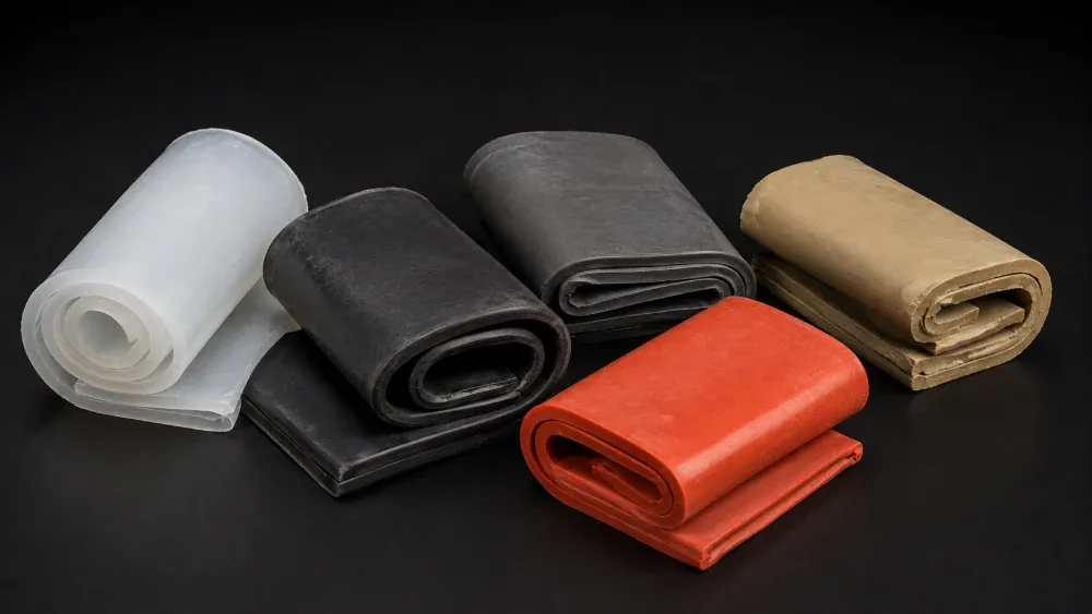 Rolls of uncured rubber compound in silicone, EPDM, natural rubber and red silicone, mixed ready for pressing