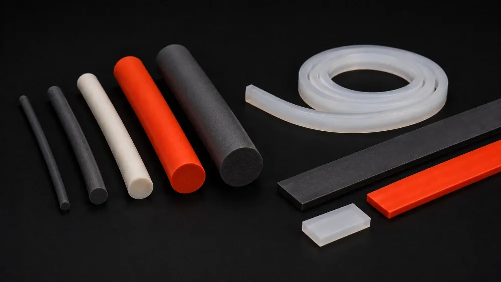 Solid extruded rubber cords in graduated diameters alongside flat silicone packing strips