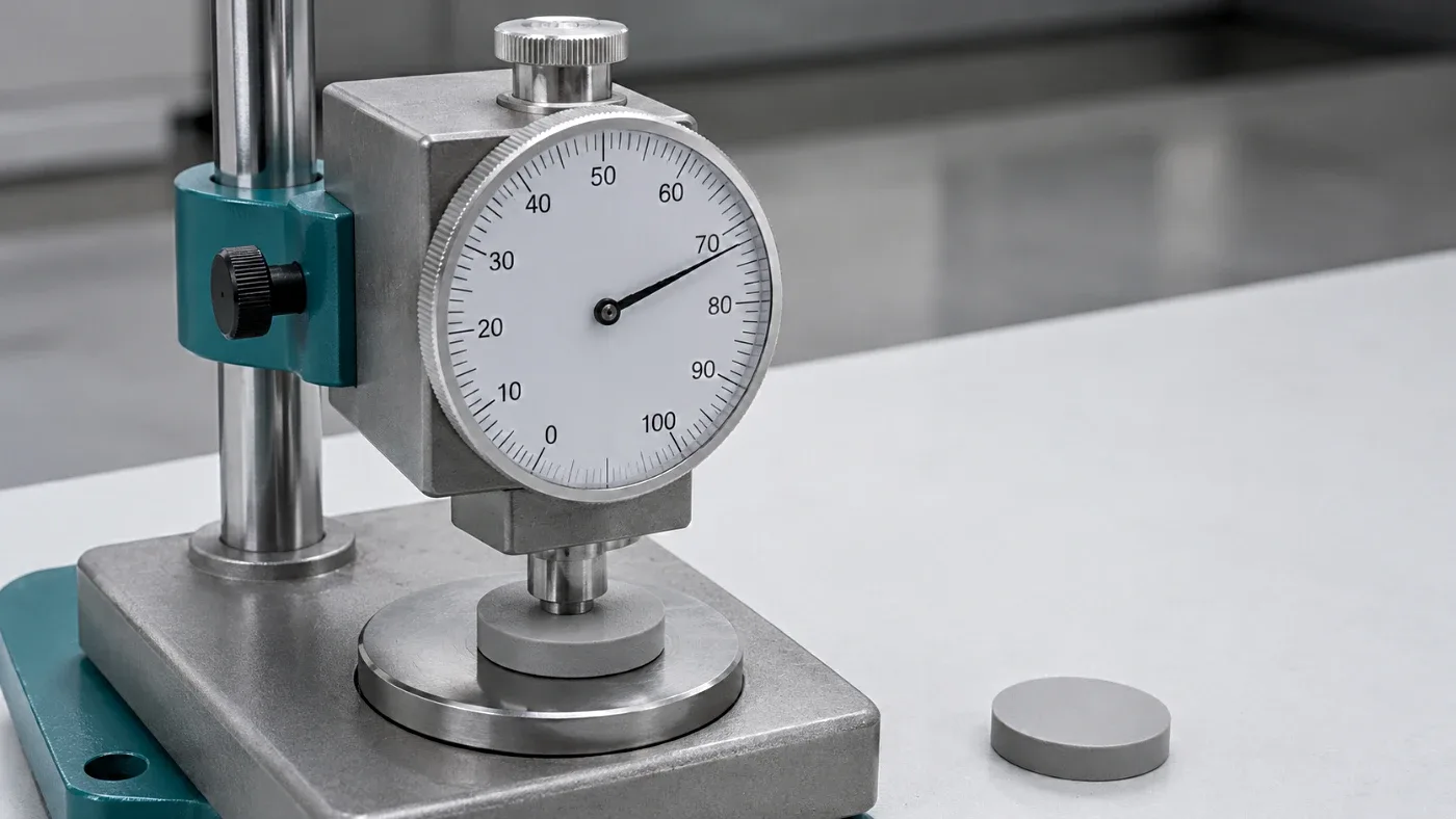 Shore A durometer measuring the hardness of a moulded silicone test disc, with a second disc alongside