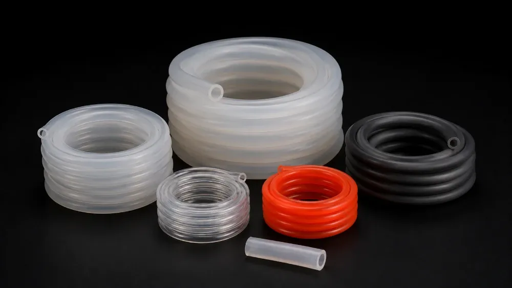 Coils of extruded silicone tubing in graduated bore sizes, translucent, clear, black and red grades